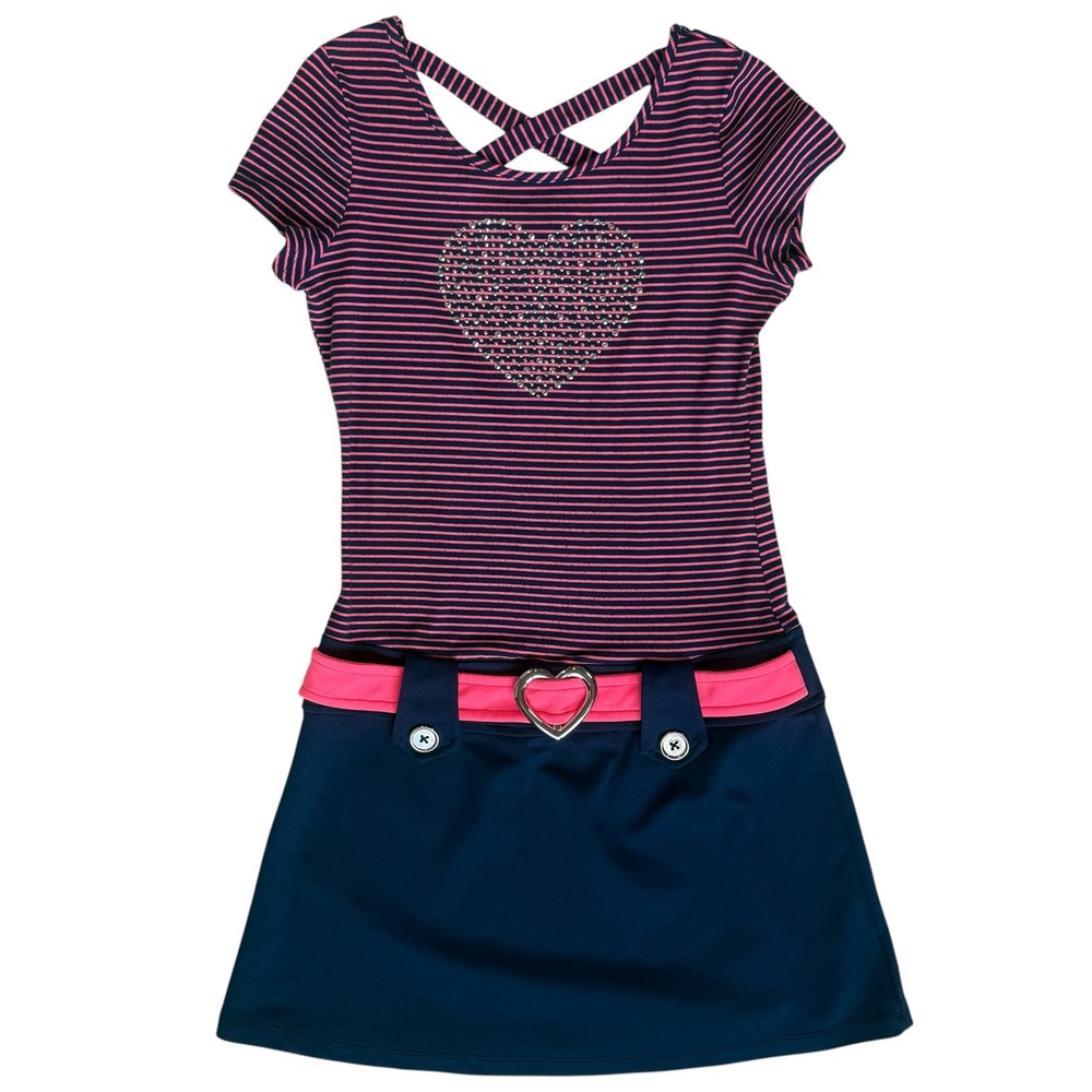 Striped Heart Rhinestone Sparkle Dress Girls Sz 12 Navy Pink School Preppy Girly